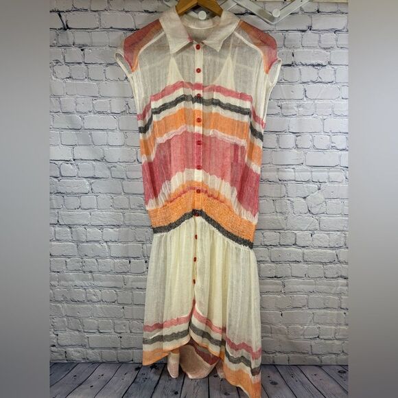 NWT Plenty by Tracy Reese Linen Gauze Stripe Drop Waist Boho Sleeveless Dress P